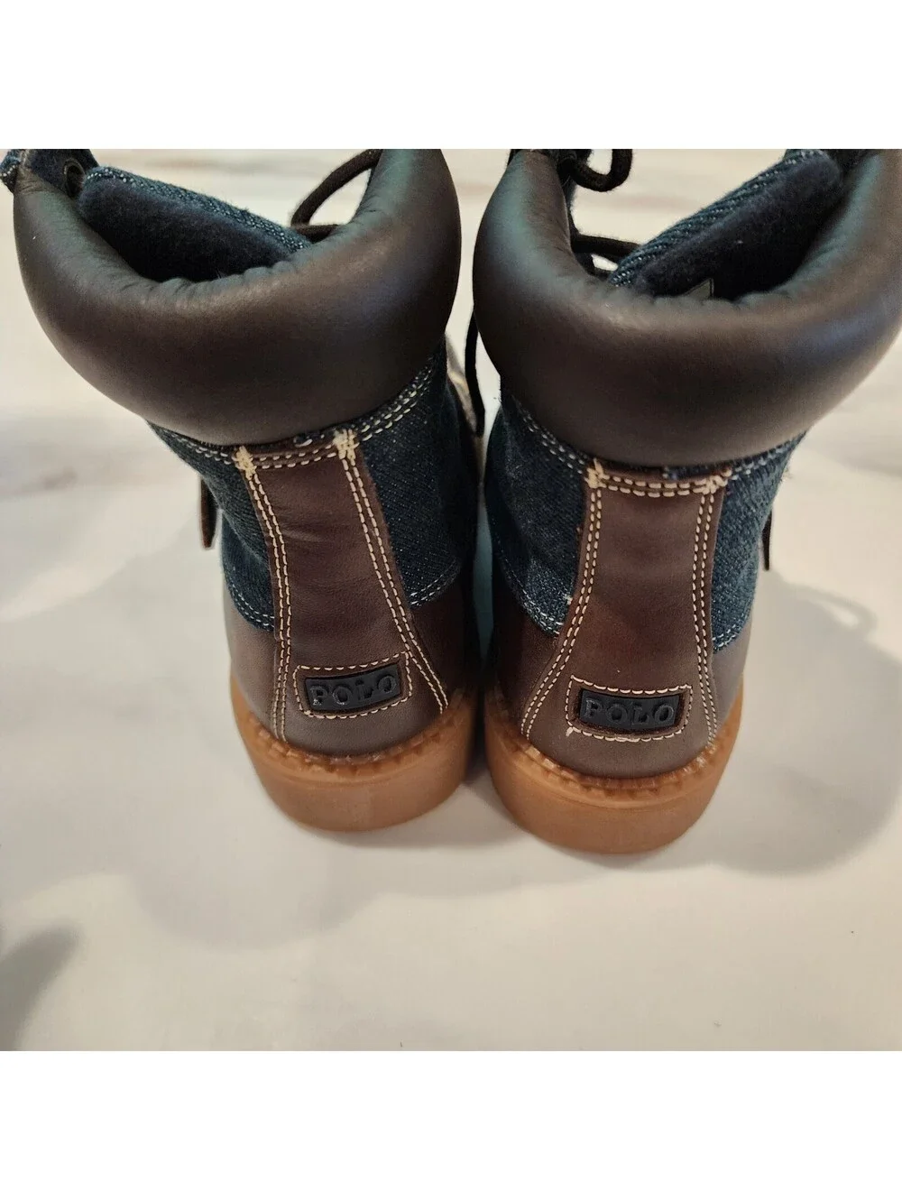 New Polo Ralph Lauren Kids Brown Leather and Denim Boots 11.5